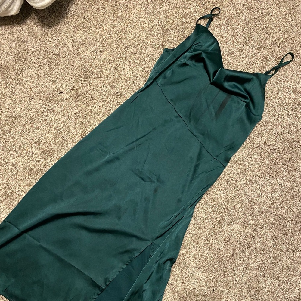 Green Satin Scoop Neck Slit Dress
